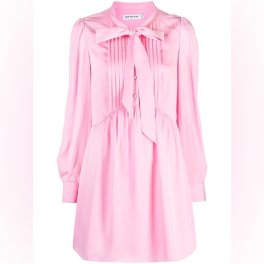 Self-Portrait Satin Viscose Puff-Sleeve Bow-Neck Mini Dress Bubblegum Pink Sz 8 - Picture 7 of 16